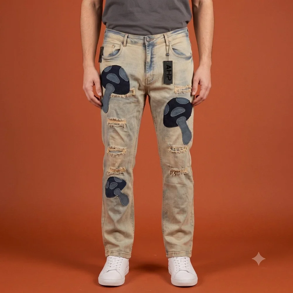 Another Hype Piece AHP Mushroom Patch Distressed Slim Jeans Men's 44x33 EUC‎